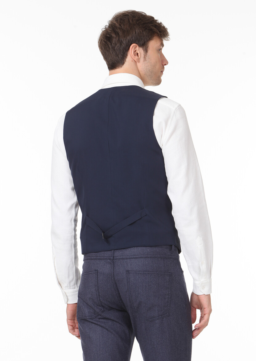 Navy Blue Slim Fit Butterfly Collar Casual Waistcoat - 4