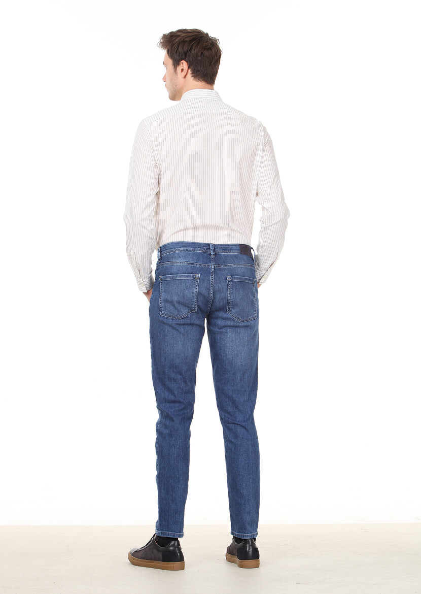 Navy Blue Slim Fit Denim Cotton Blended Trousers - 4