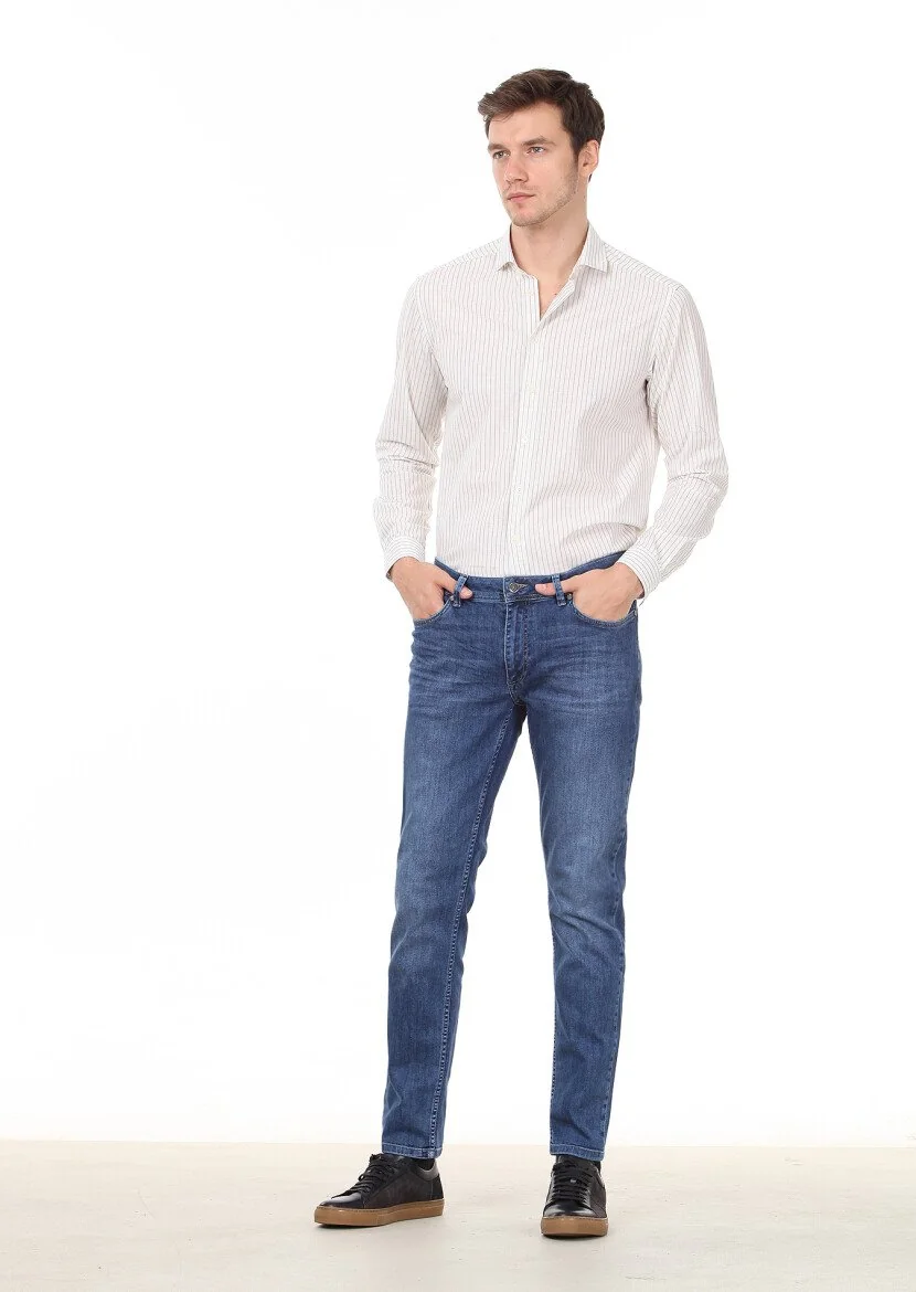 Navy Blue Slim Fit Denim Cotton Blended Trousers - 1