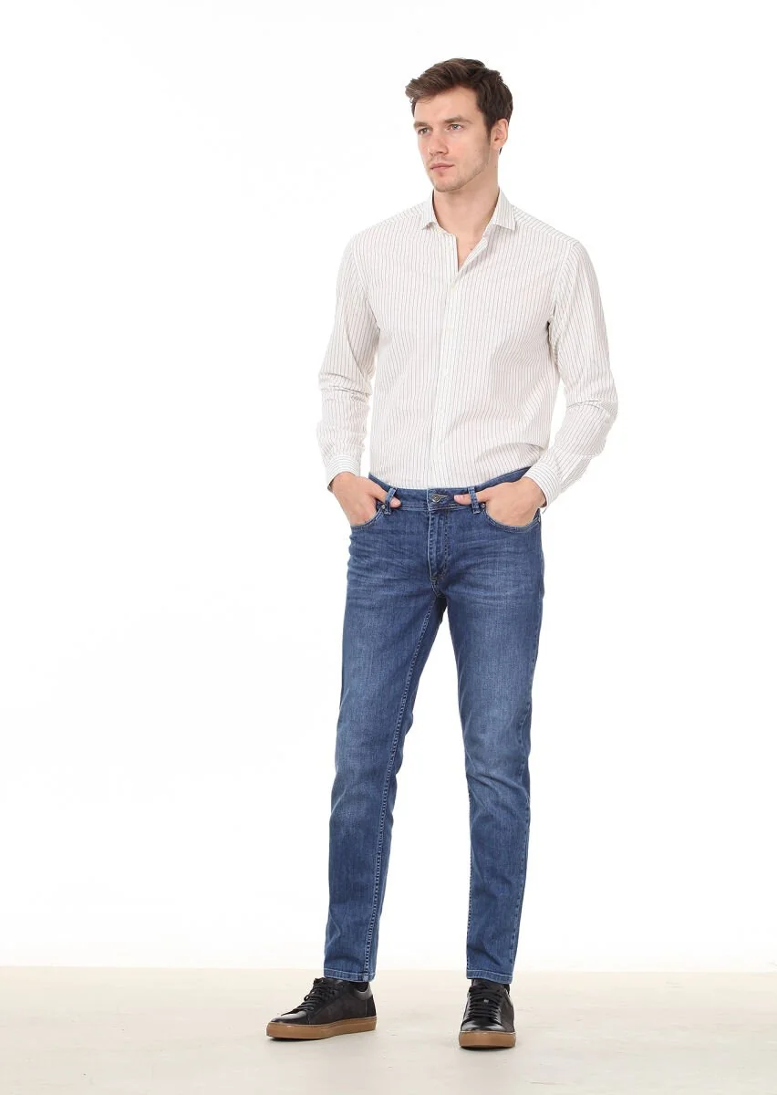 Navy Blue Slim Fit Denim Cotton Blended Trousers - 1