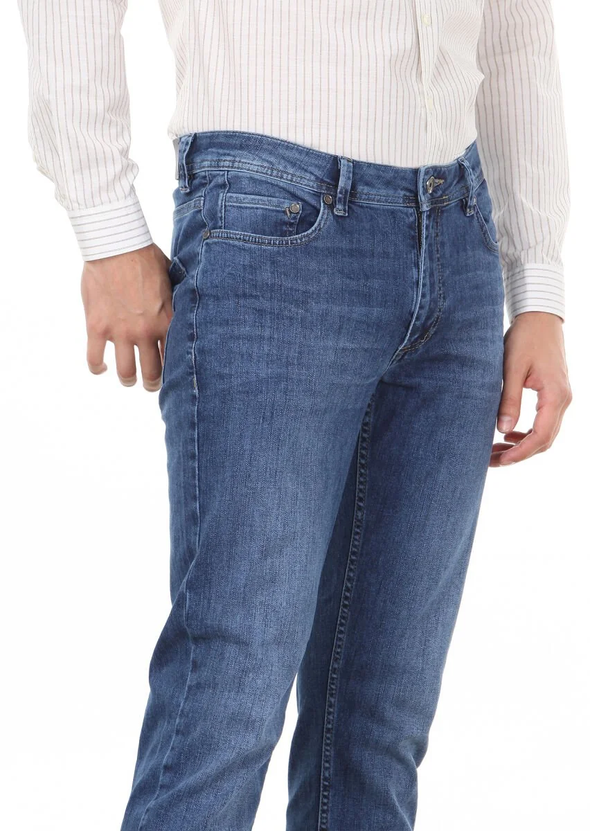 Navy Blue Slim Fit Denim Cotton Blended Trousers - 2