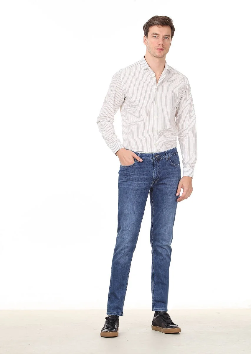 Navy Blue Slim Fit Denim Cotton Blended Trousers - 3