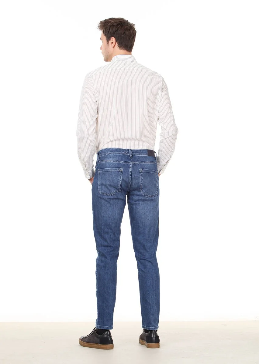 Navy Blue Slim Fit Denim Cotton Blended Trousers - 4