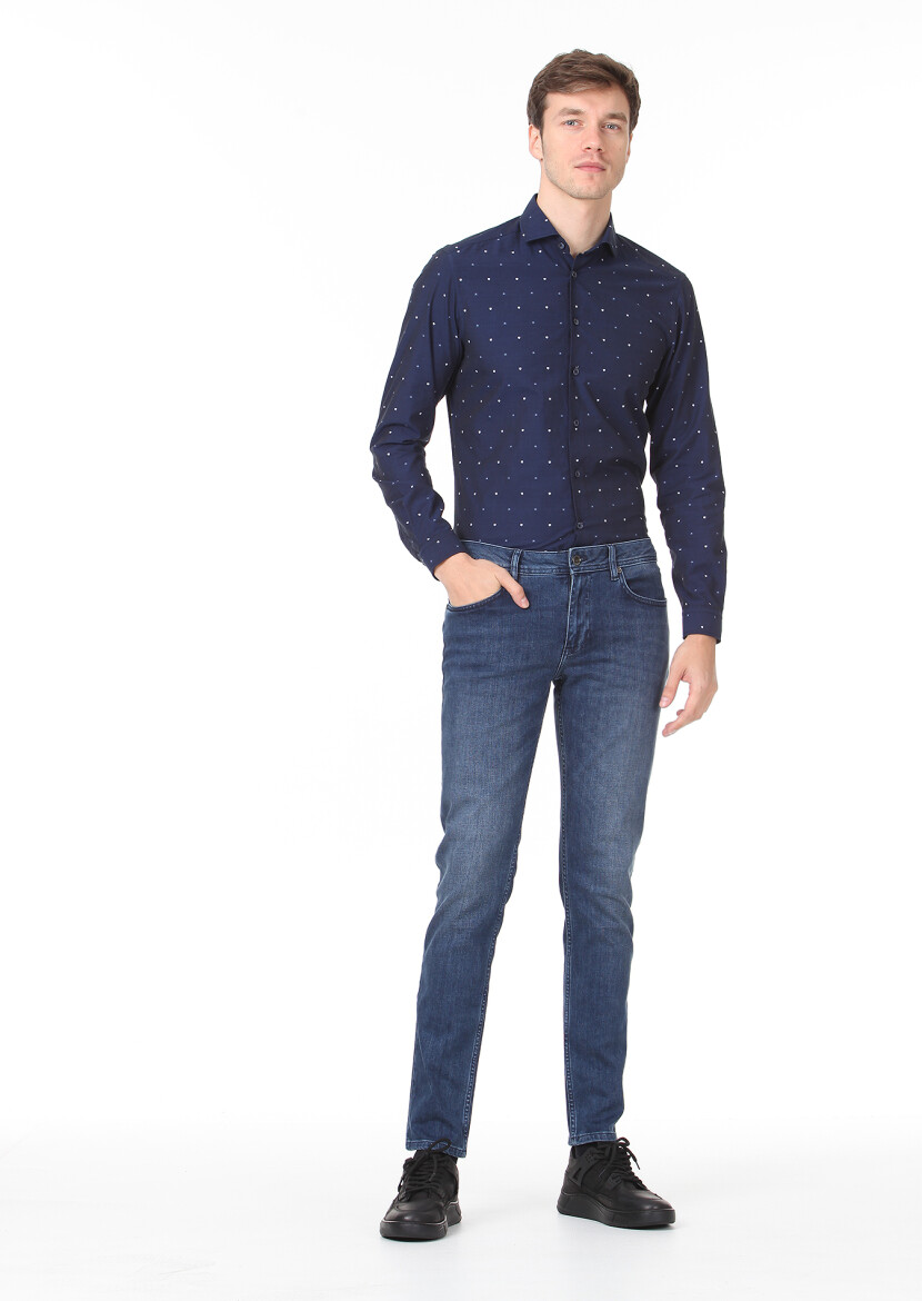 Navy Blue Slim Fit Denim Cotton Blended Trousers - 2