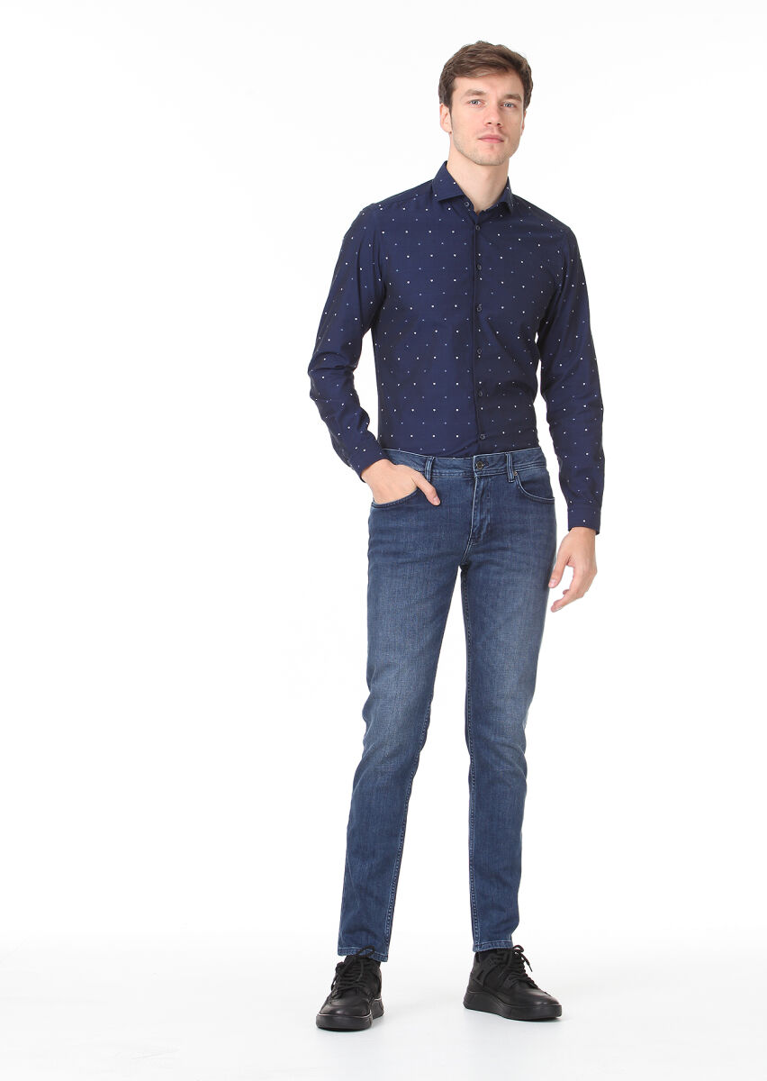 Navy Blue Slim Fit Denim Cotton Blended Trousers - 2