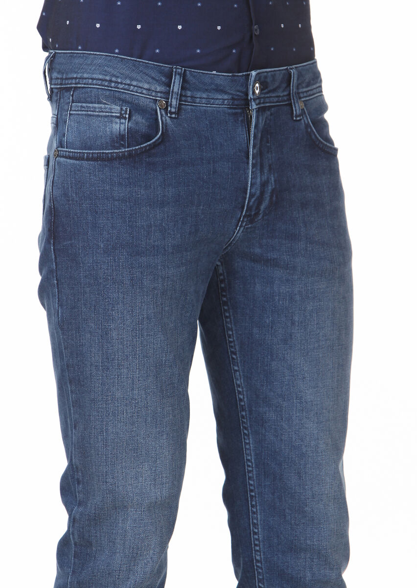 Navy Blue Slim Fit Denim Cotton Blended Trousers - 3