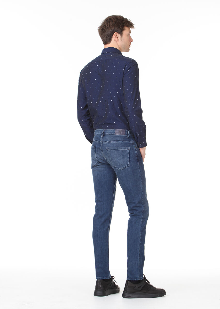 Navy Blue Slim Fit Denim Cotton Blended Trousers - 4