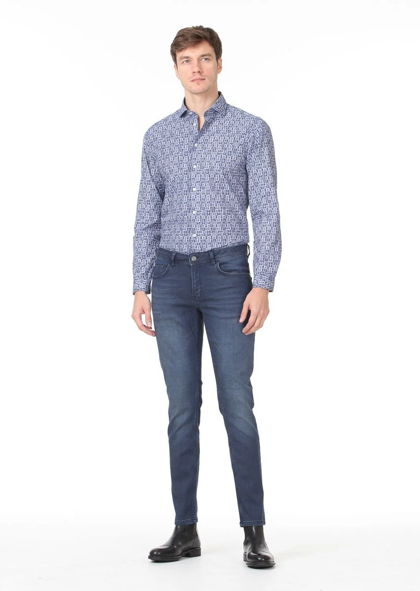 Navy Blue Slim Fit Denim Cotton Blended Trousers - 1