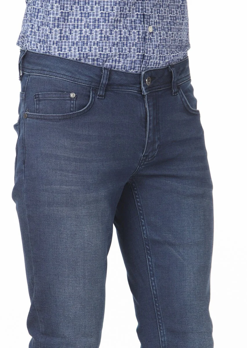 Navy Blue Slim Fit Denim Cotton Blended Trousers - 3