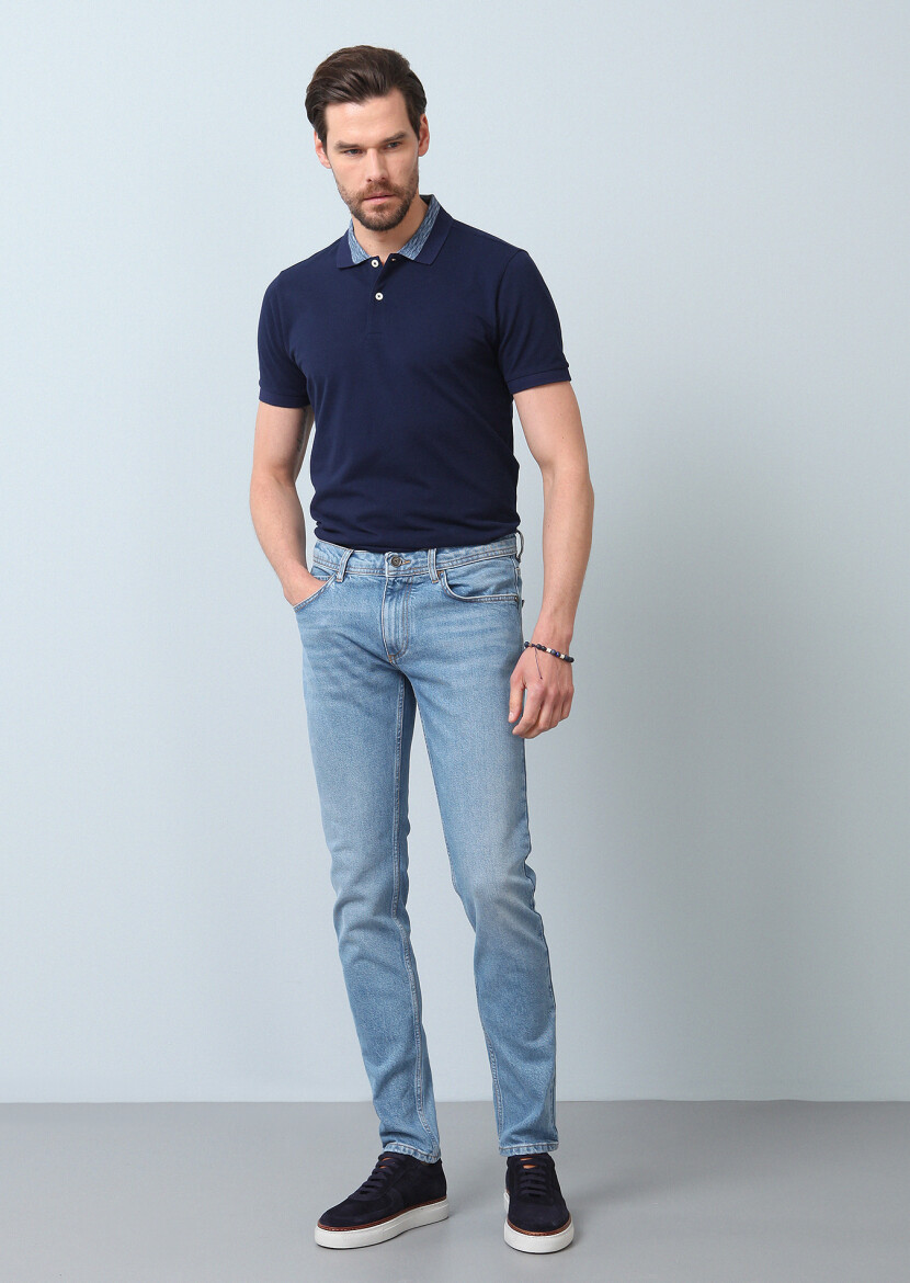 Navy Blue Slim Fit Denim Cotton Blended Trousers - 1