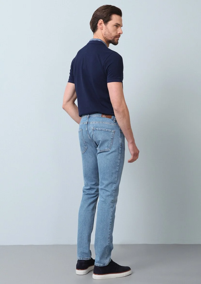 Navy Blue Slim Fit Denim Cotton Blended Trousers - 5