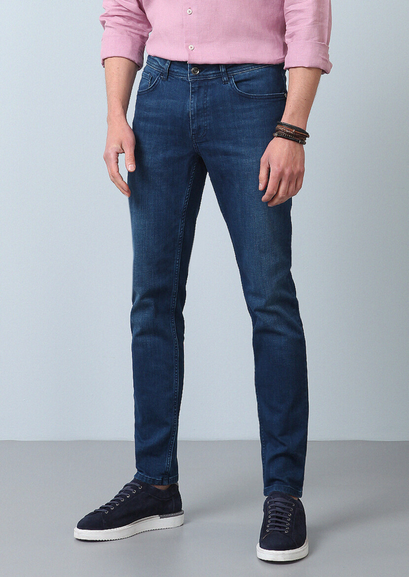 Navy Blue Slim Fit Denim Cotton Blended Trousers - 1