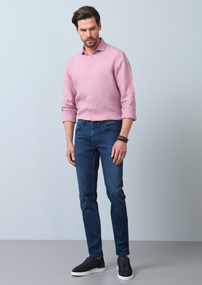 Navy Blue Slim Fit Denim Cotton Blended Trousers - 2