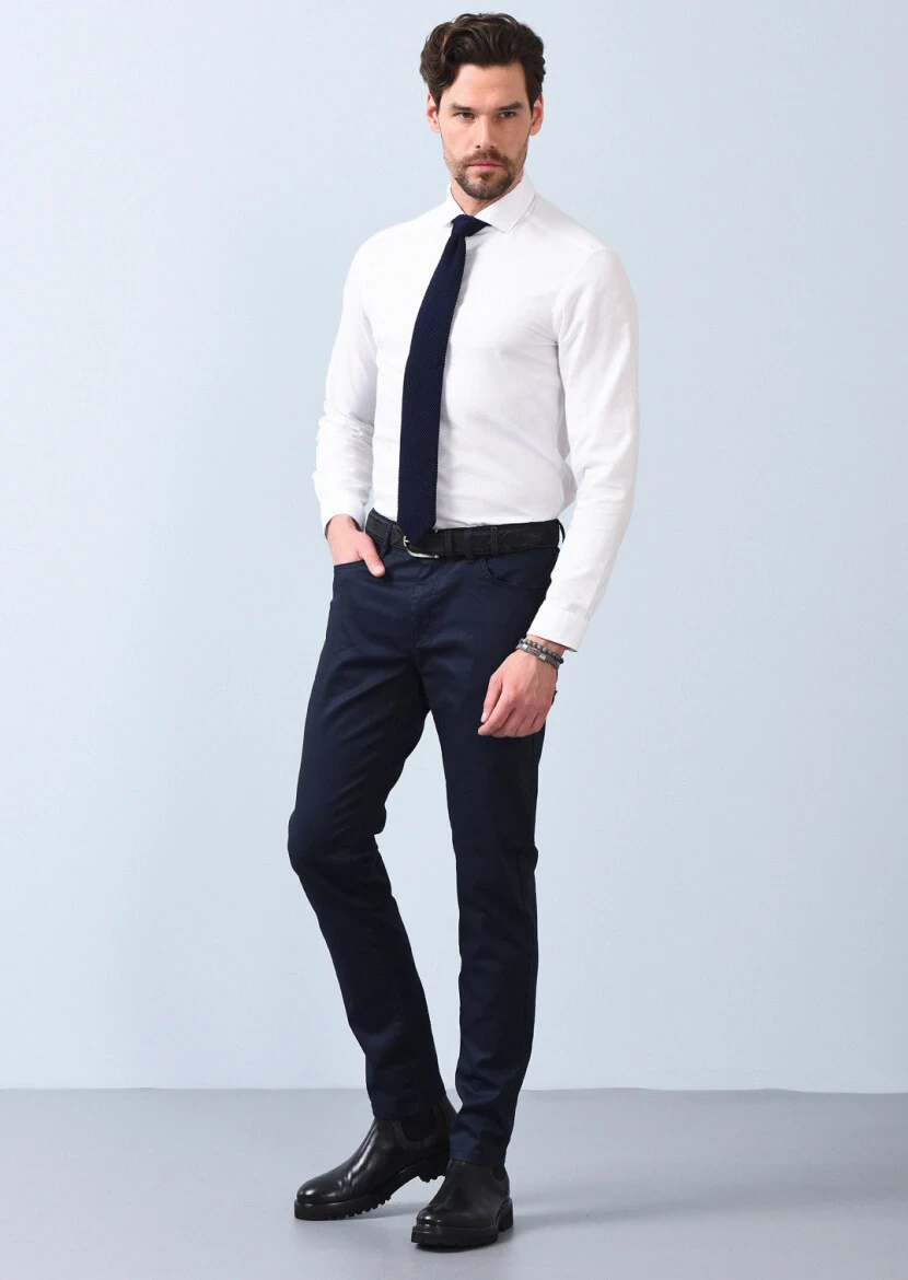 Navy Blue Slim Fit Denim Cotton Blended Trousers - 1