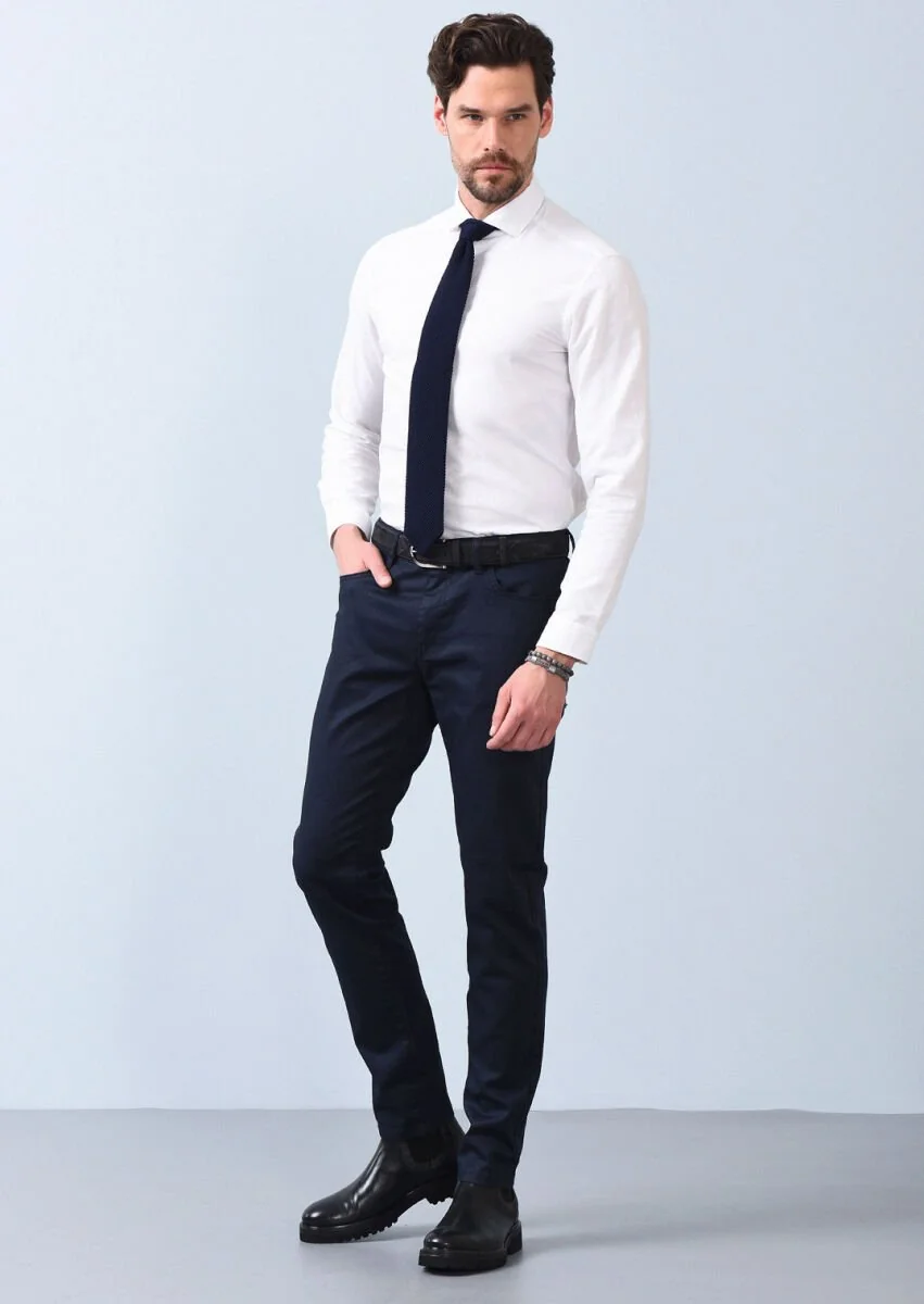 Navy Blue Slim Fit Denim Cotton Blended Trousers - 1