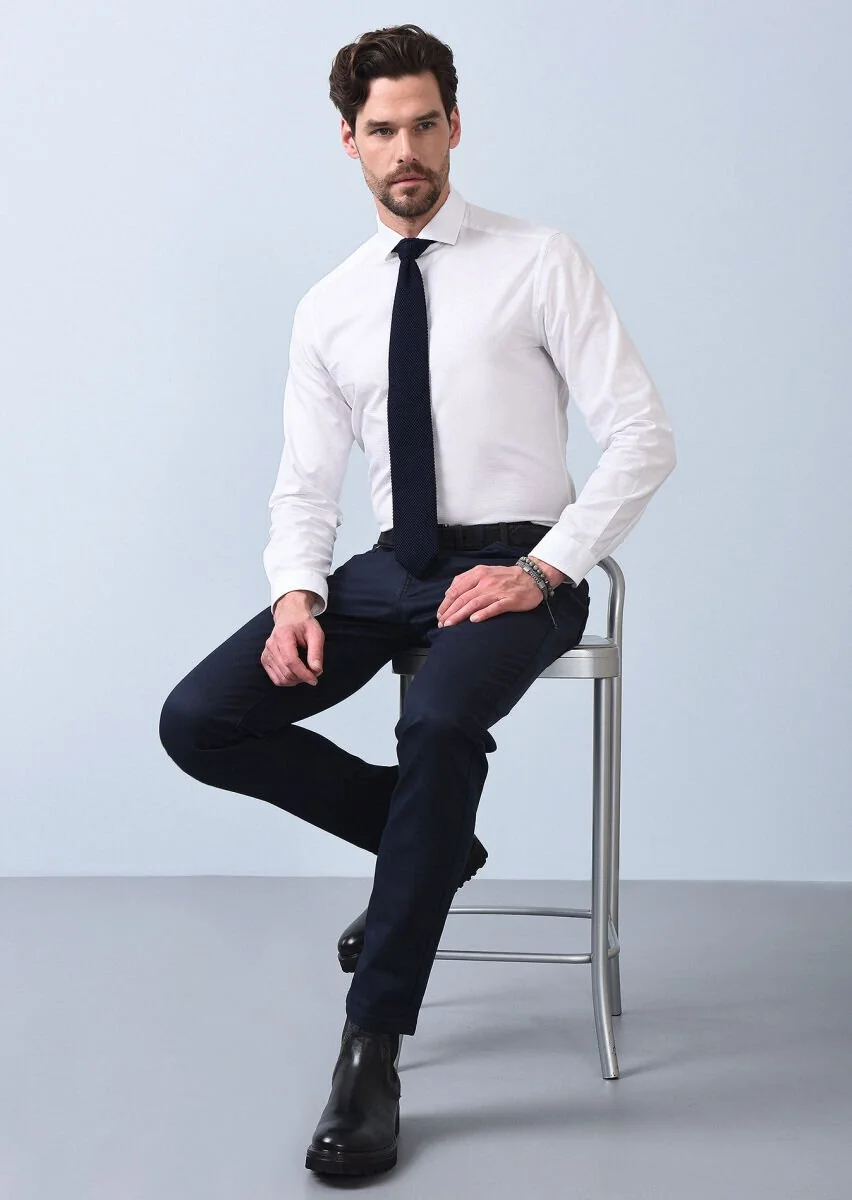 Navy Blue Slim Fit Denim Cotton Blended Trousers - 2