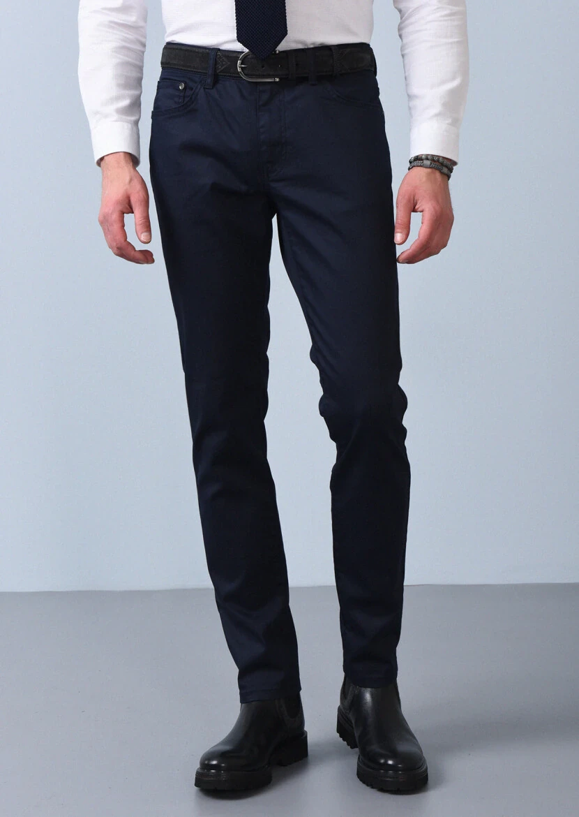 Navy Blue Slim Fit Denim Cotton Blended Trousers - 3