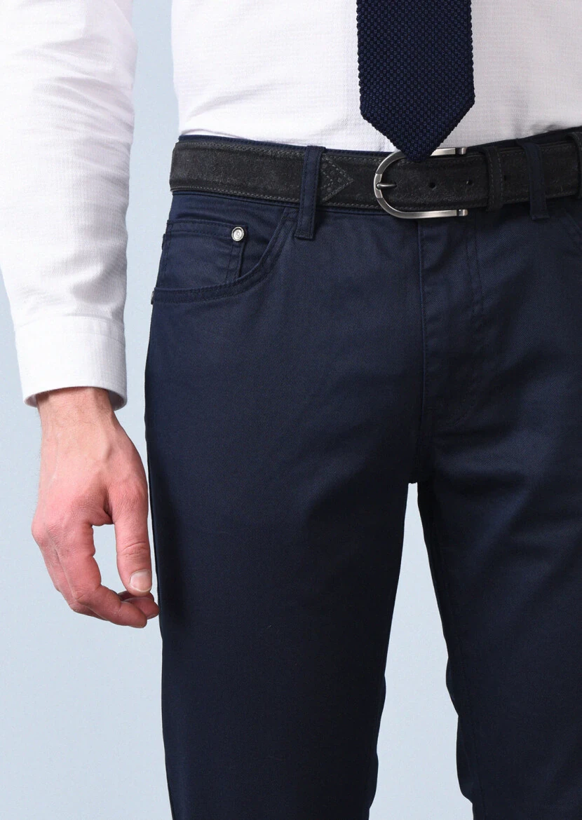 Navy Blue Slim Fit Denim Cotton Blended Trousers - 4