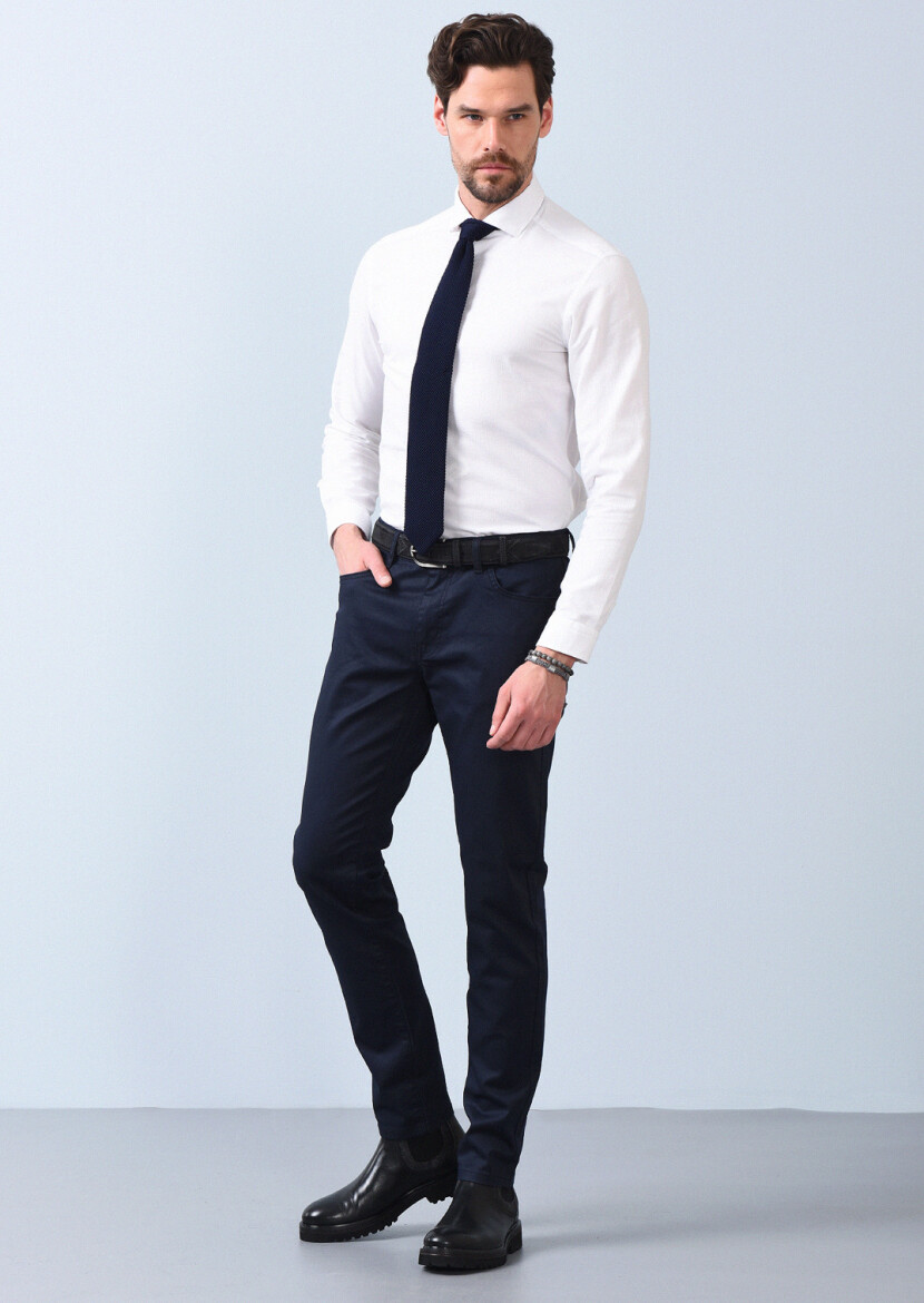 Navy Blue Slim Fit Denim Cotton Blended Trousers - 1