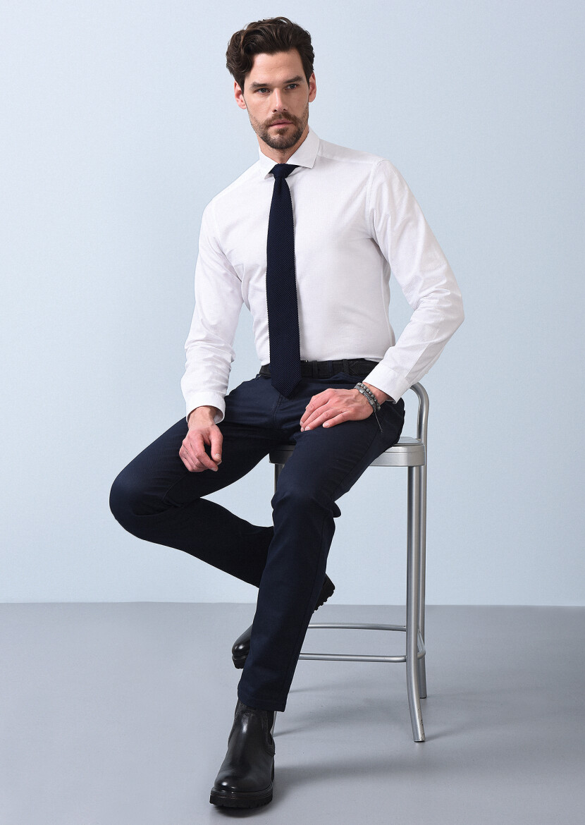 Navy Blue Slim Fit Denim Cotton Blended Trousers - 2