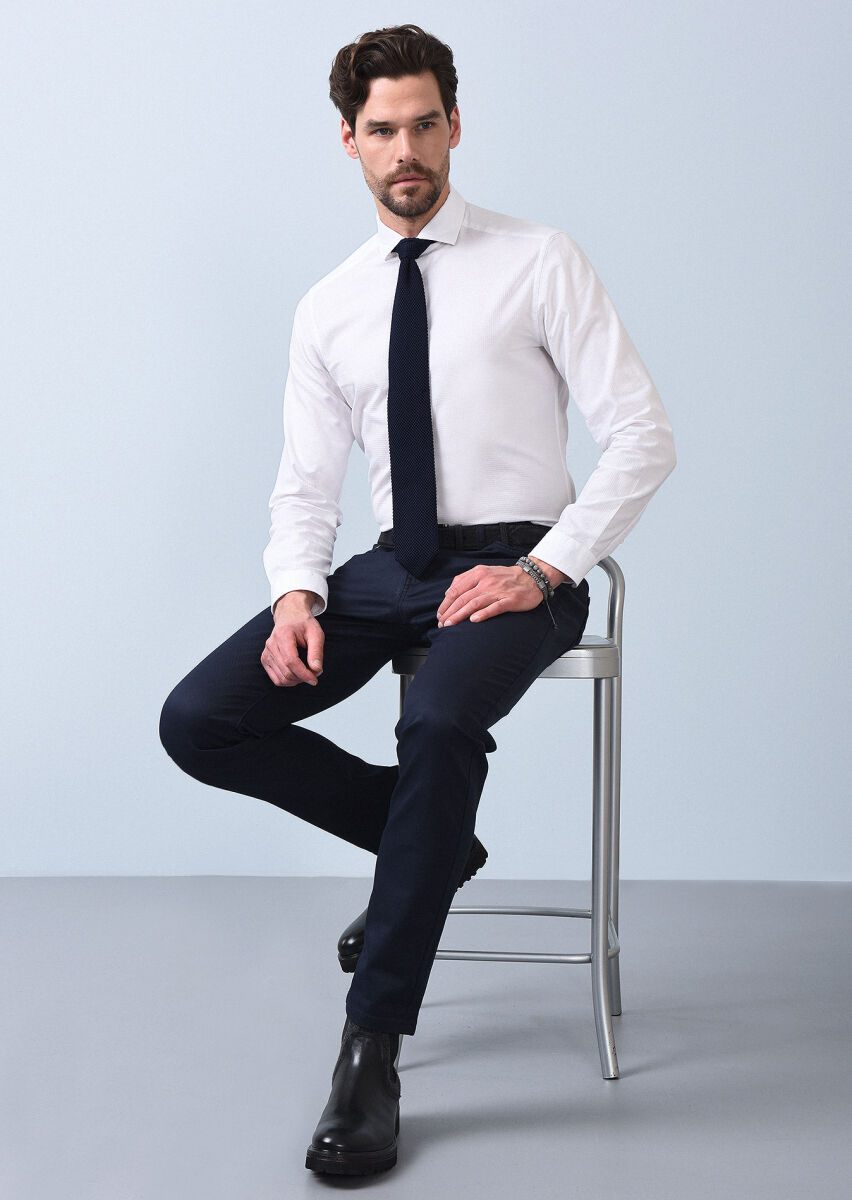 Navy Blue Slim Fit Denim Cotton Blended Trousers - 2