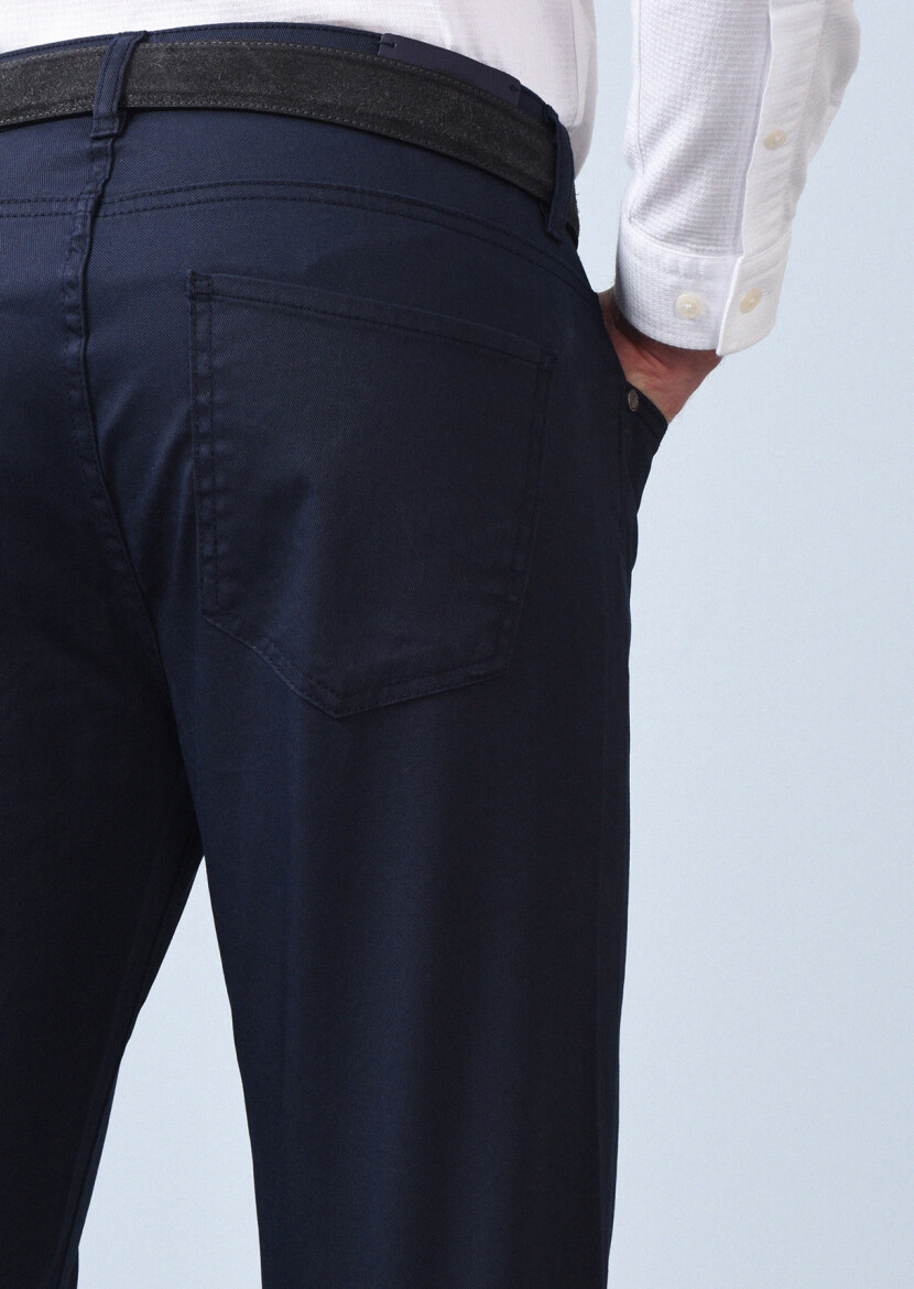 Navy Blue Slim Fit Denim Cotton Blended Trousers - 5