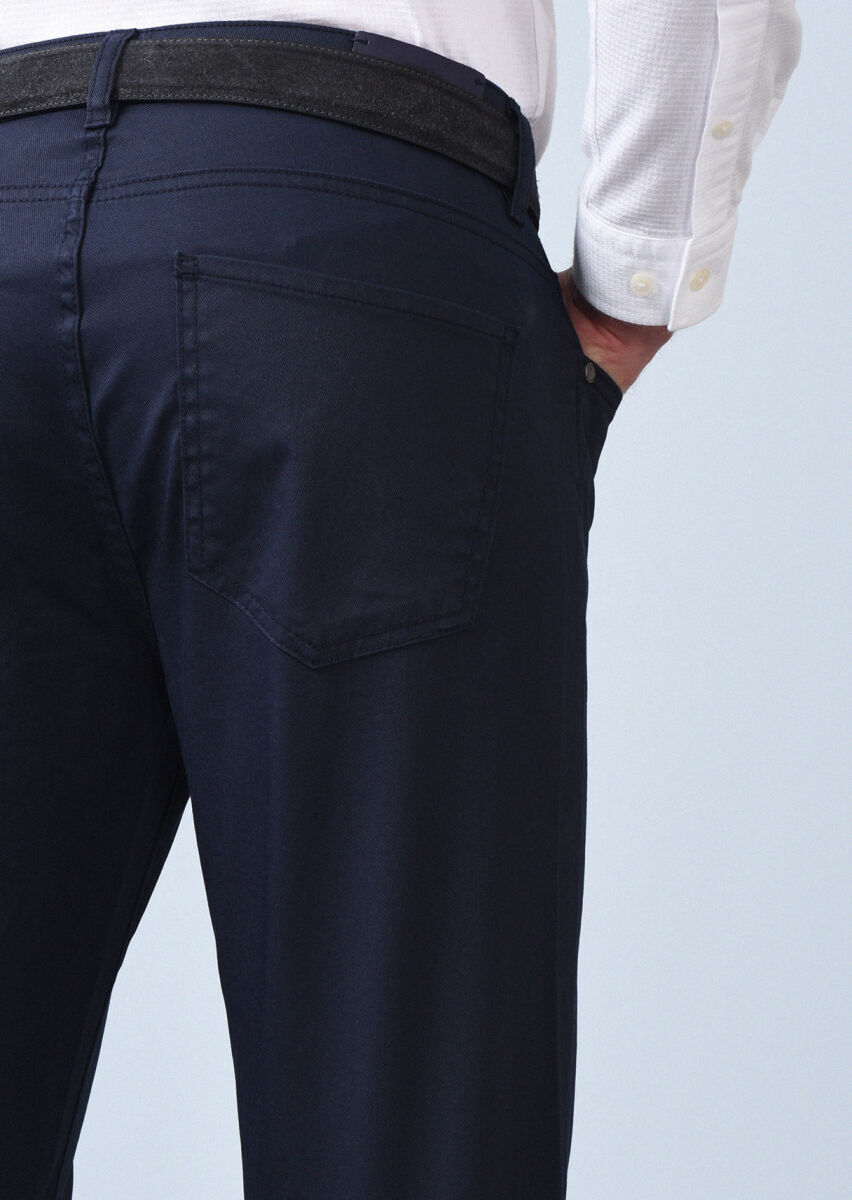 Navy Blue Slim Fit Denim Cotton Blended Trousers - 5
