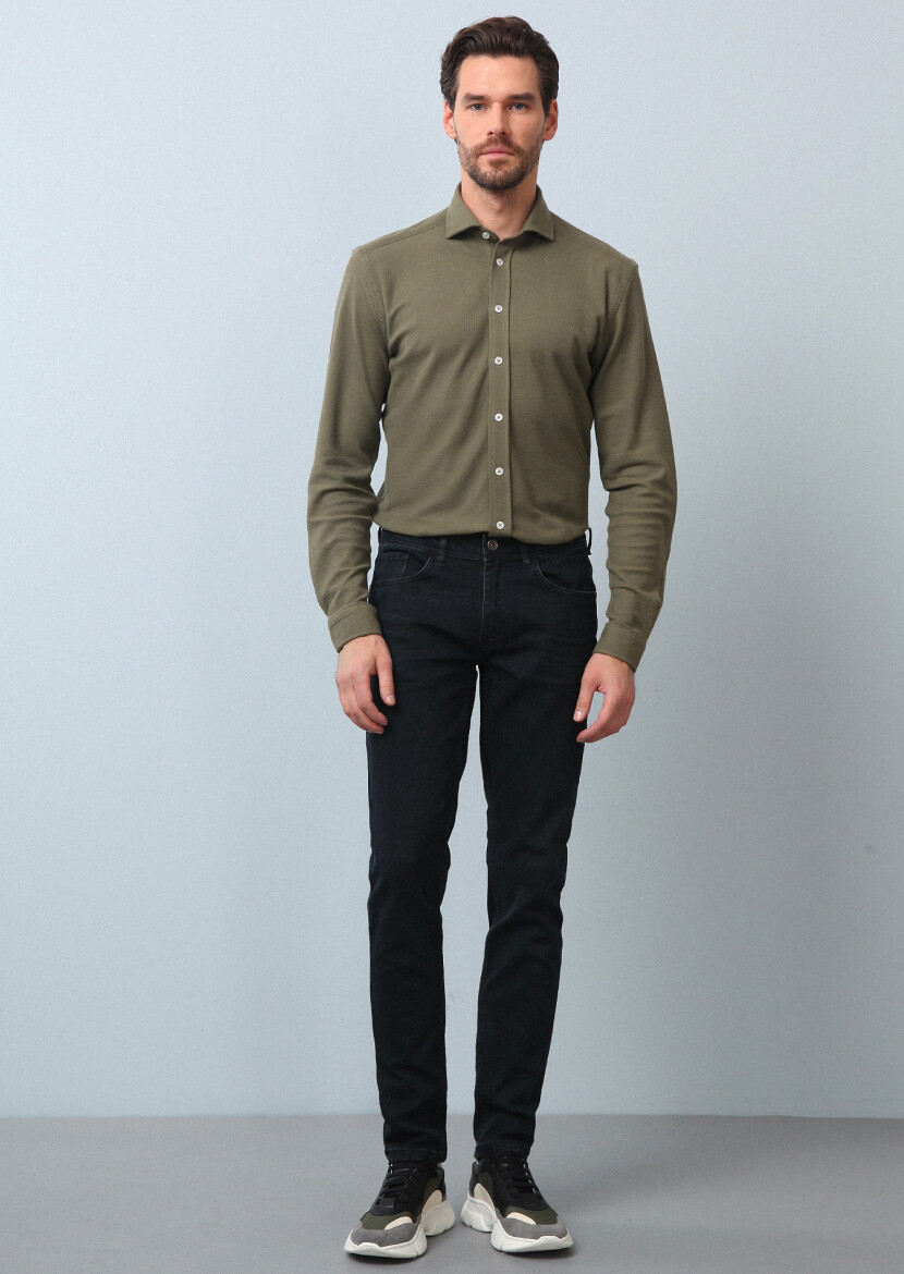 Navy Blue Slim Fit Denim Cotton Blended Trousers - 1
