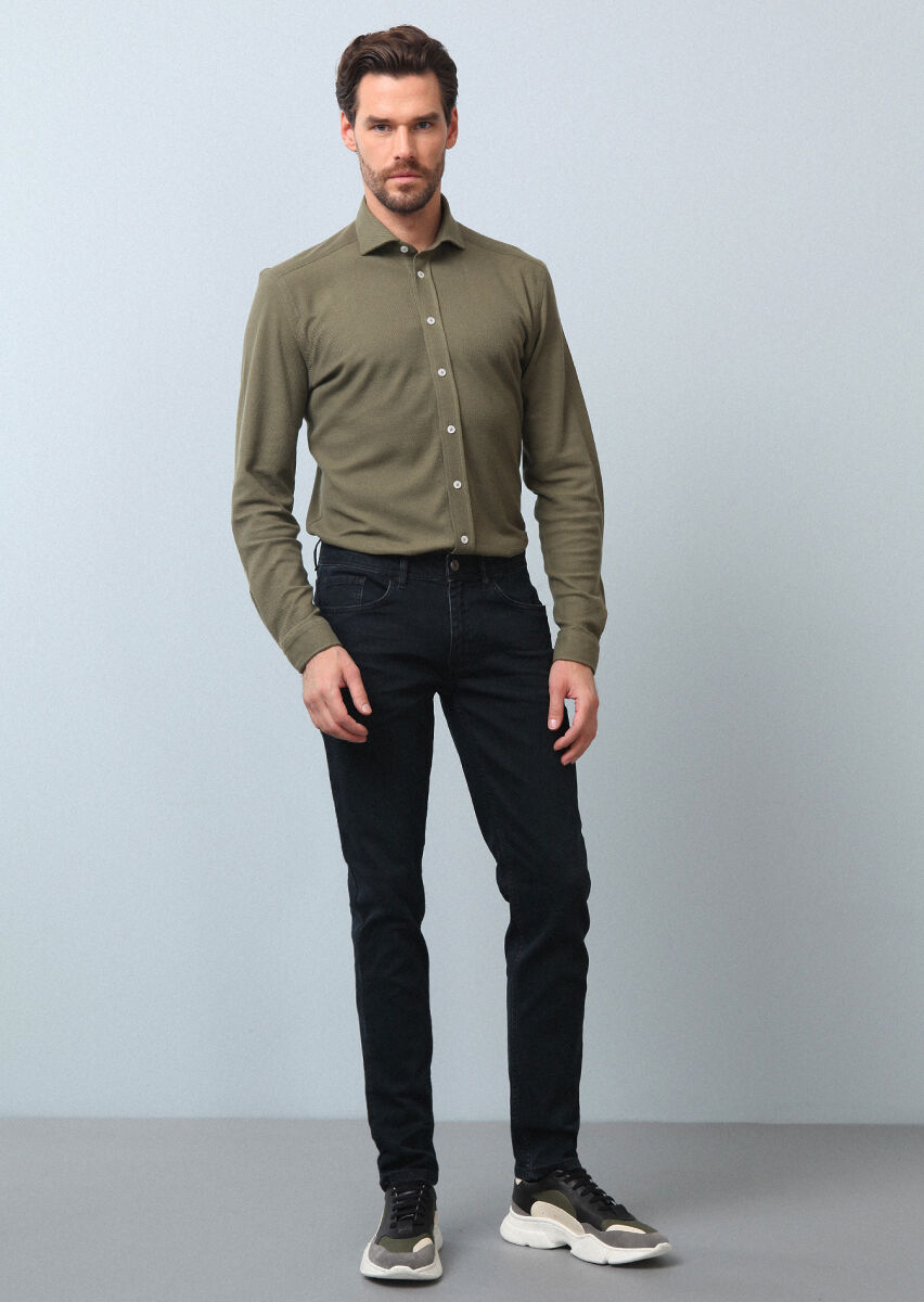 Navy Blue Slim Fit Denim Cotton Blended Trousers - 2