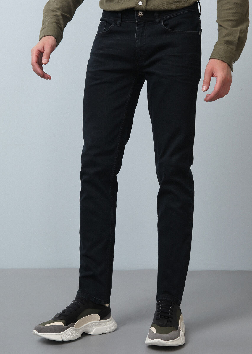 Navy Blue Slim Fit Denim Cotton Blended Trousers - 3