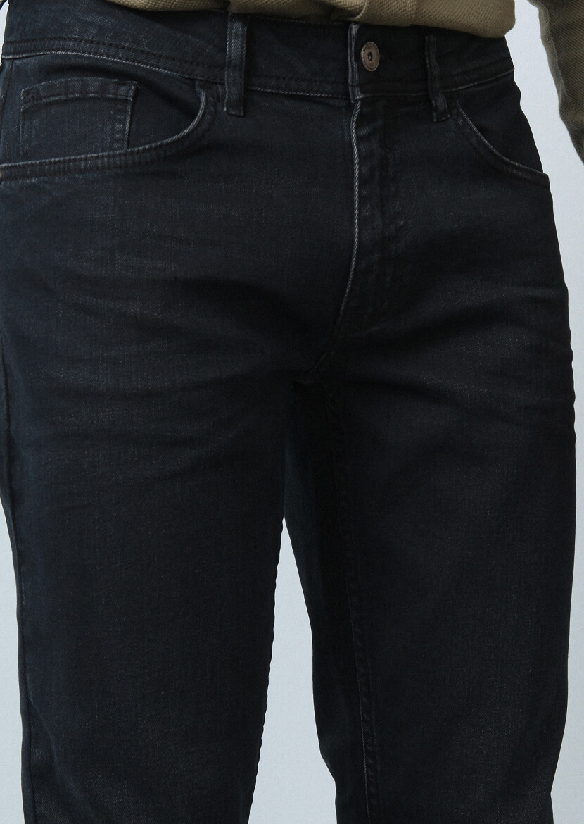 Navy Blue Slim Fit Denim Cotton Blended Trousers - 4