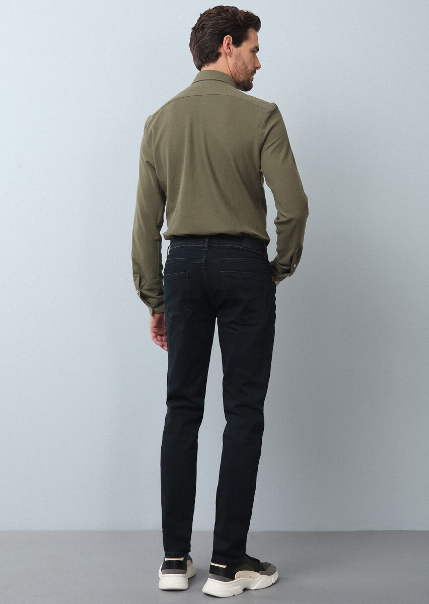 Navy Blue Slim Fit Denim Cotton Blended Trousers - 5