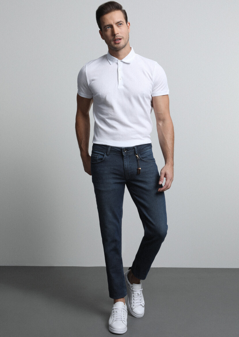 Navy Blue Slim Fit Denim Cotton Blended Trousers - 1