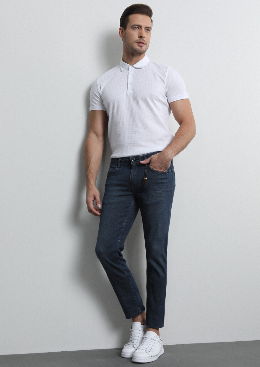 Navy Blue Slim Fit Denim Cotton Blended Trousers - 2