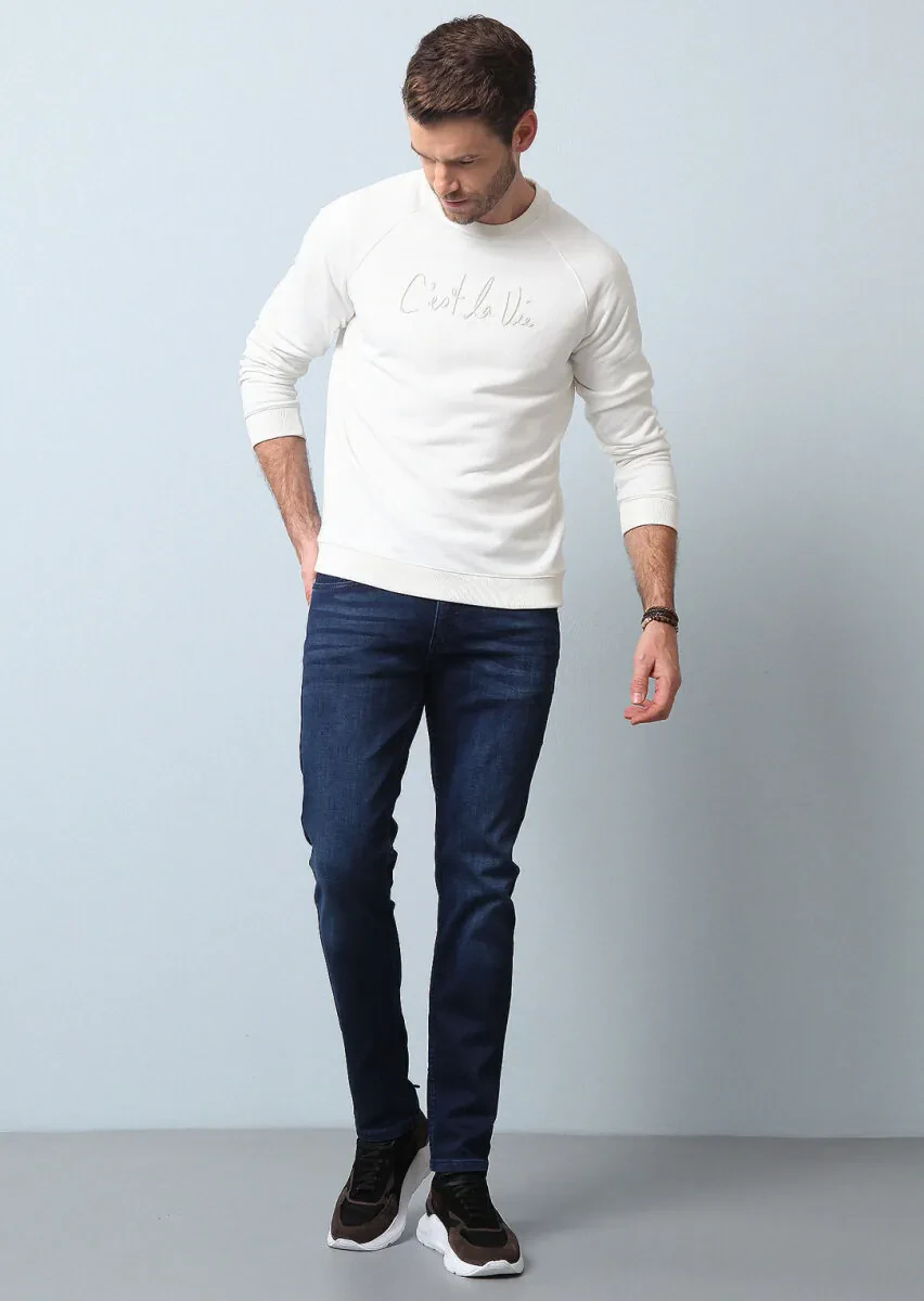 Navy Blue Slim Fit Denim Cotton Blended Trousers - 2