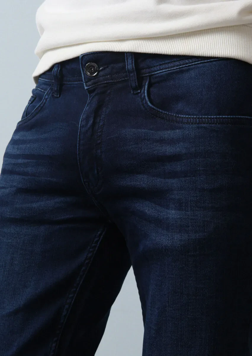 Navy Blue Slim Fit Denim Cotton Blended Trousers - 3