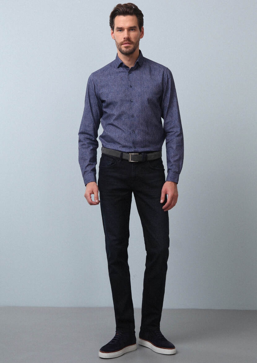 Navy Blue Slim Fit Denim Cotton Blended Trousers - 2