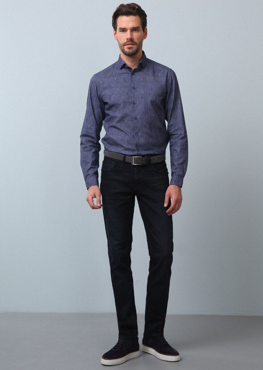 Navy Blue Slim Fit Denim Cotton Blended Trousers - 2