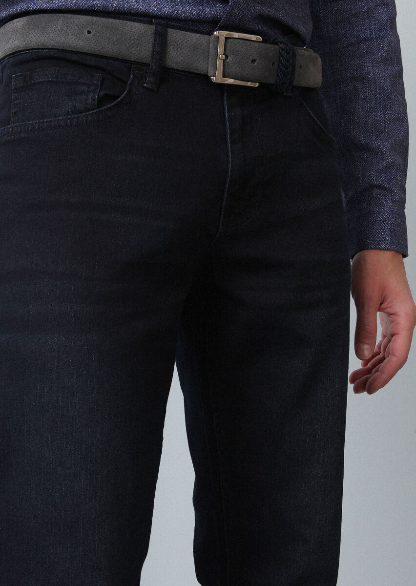 Navy Blue Slim Fit Denim Cotton Blended Trousers - 4