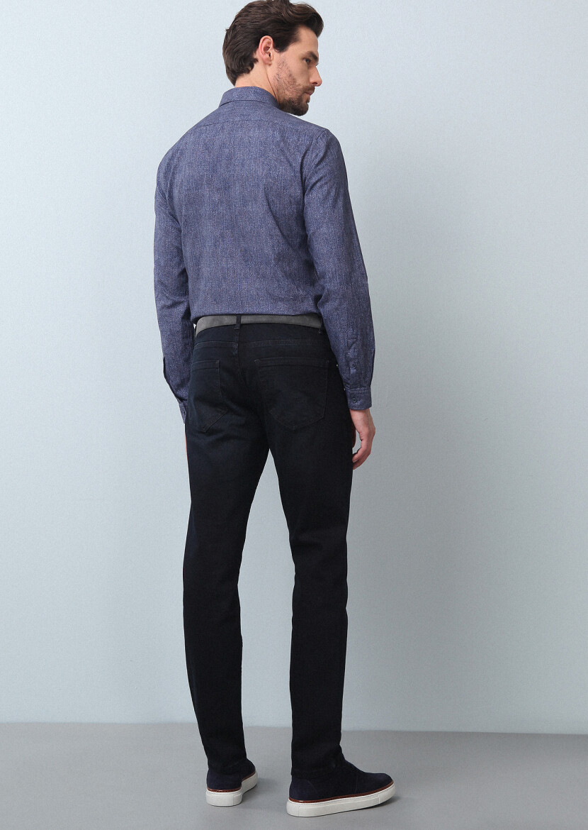 Navy Blue Slim Fit Denim Cotton Blended Trousers - 5