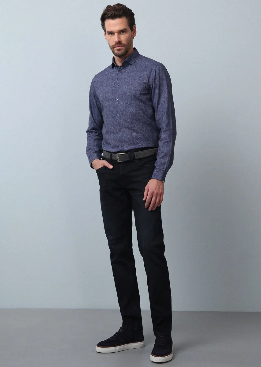 Navy Blue Slim Fit Denim Cotton Blended Trousers - 1