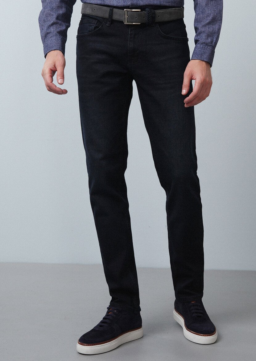 Navy Blue Slim Fit Denim Cotton Blended Trousers - 3