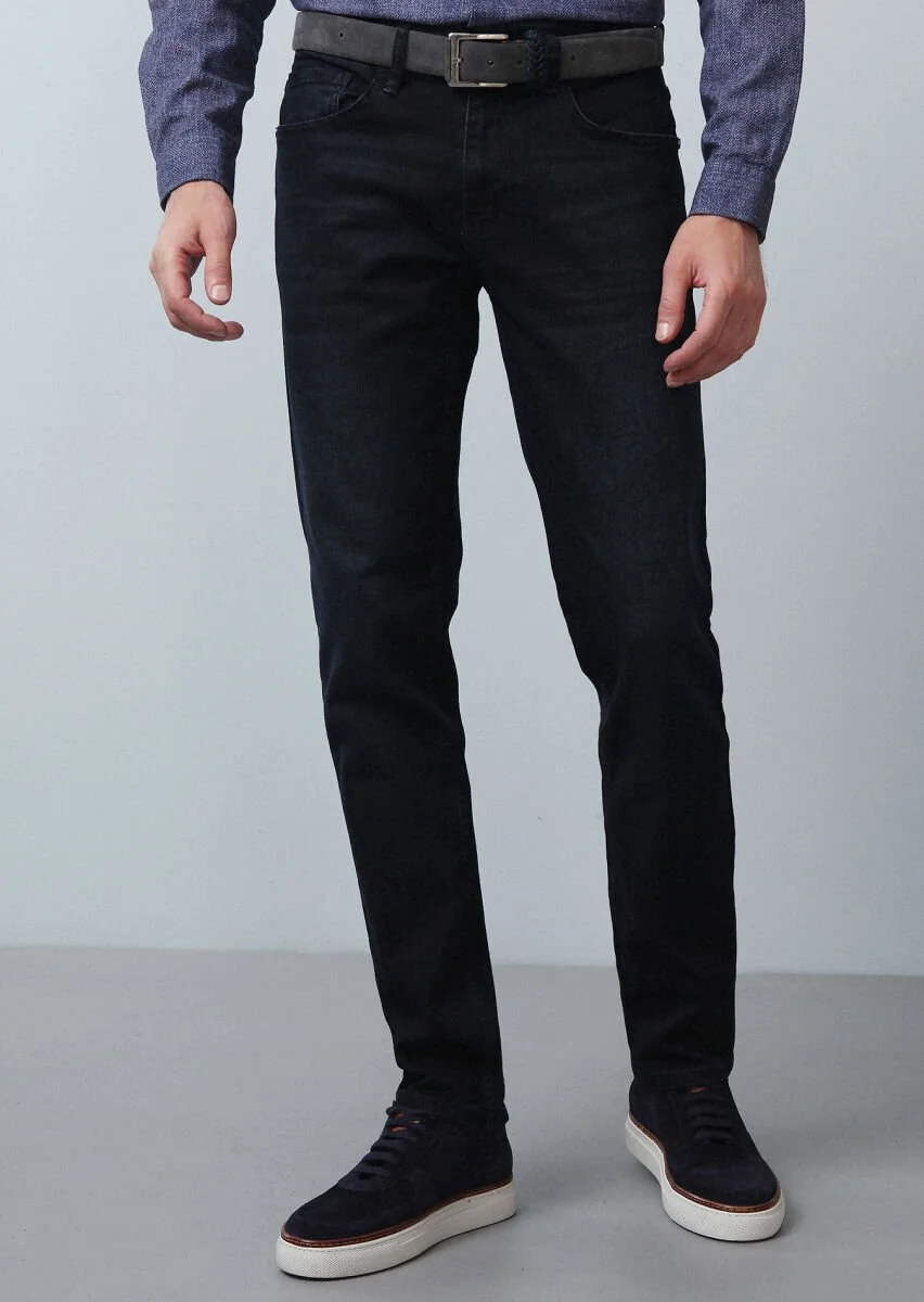 Navy Blue Slim Fit Denim Cotton Blended Trousers - 3