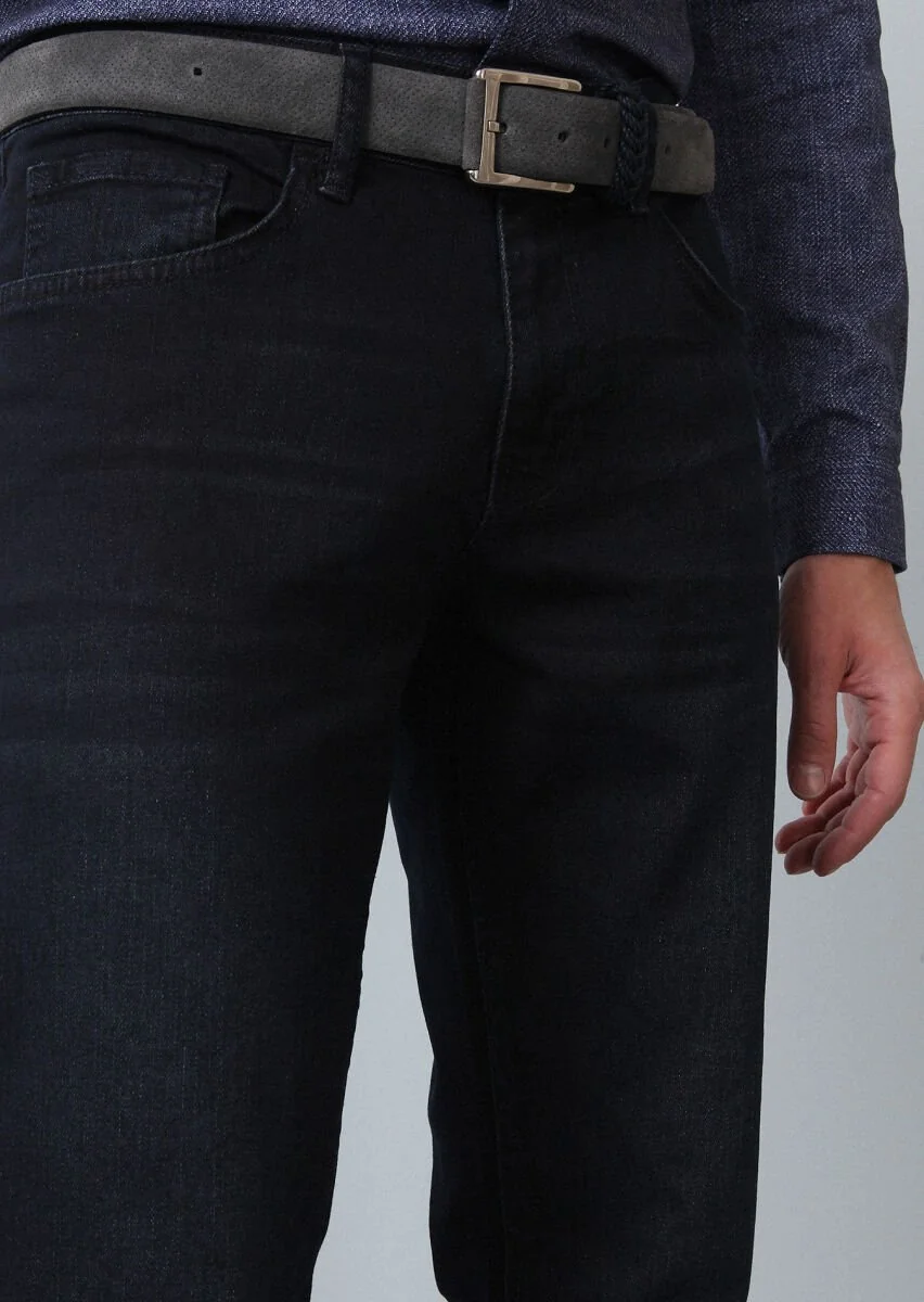 Navy Blue Slim Fit Denim Cotton Blended Trousers - 4