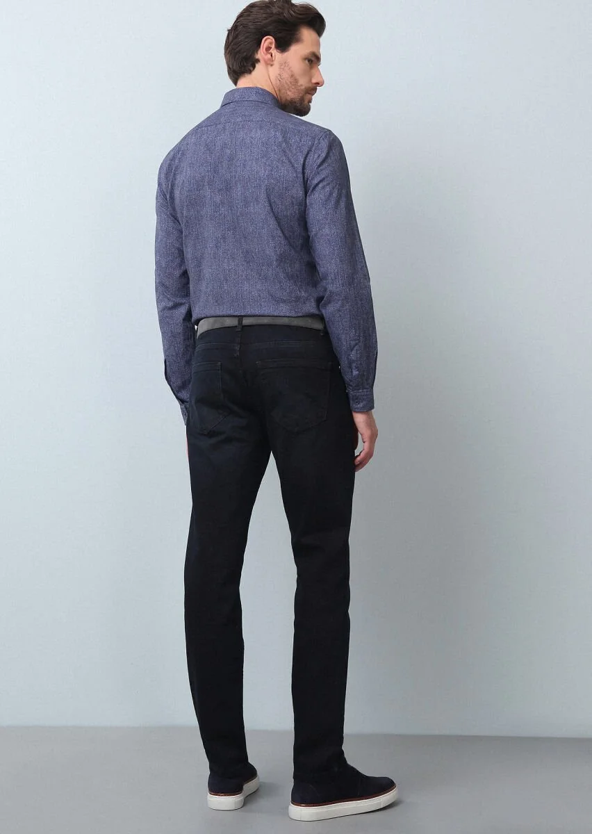 Navy Blue Slim Fit Denim Cotton Blended Trousers - 5