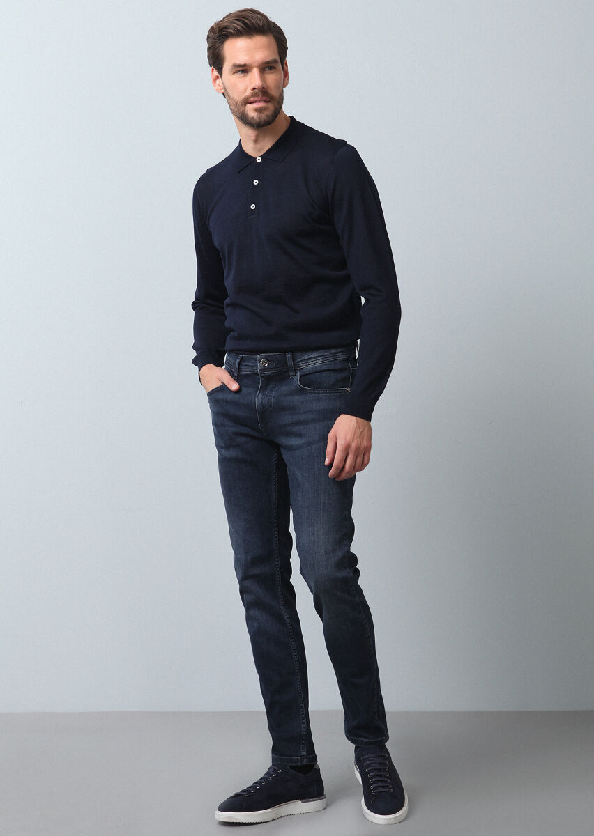 Navy Blue Slim Fit Denim Cotton Blended Trousers - 1
