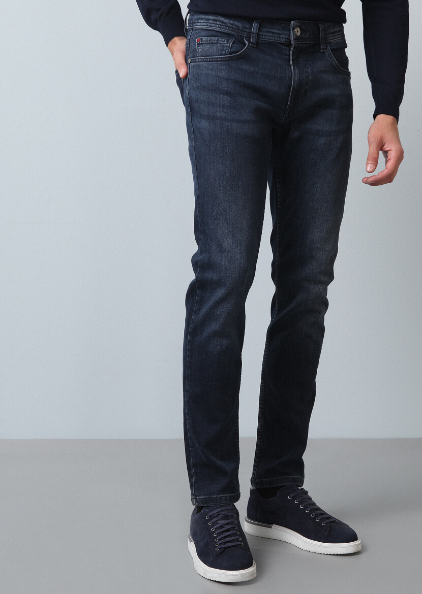 Navy Blue Slim Fit Denim Cotton Blended Trousers - 2