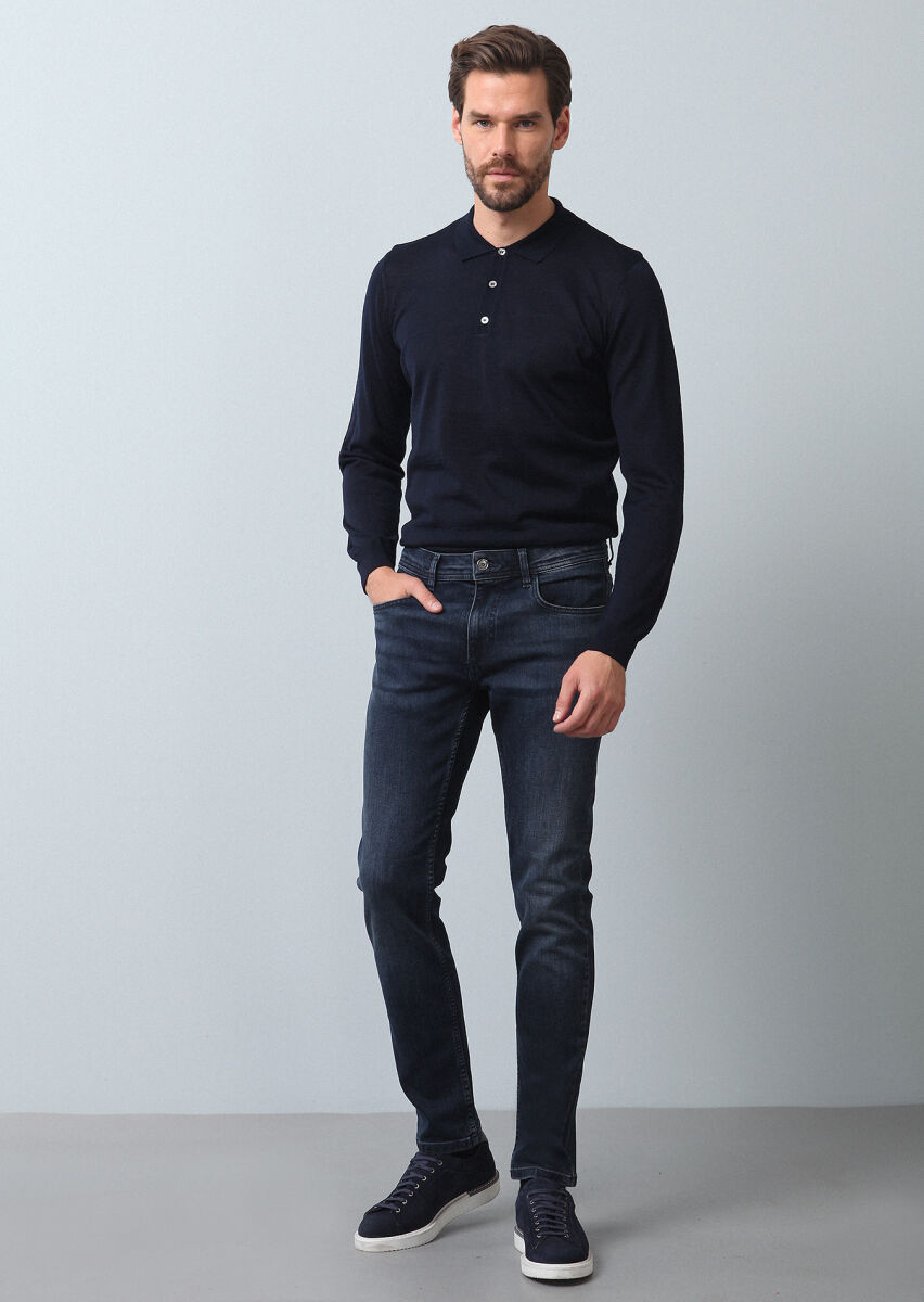 Navy Blue Slim Fit Denim Cotton Blended Trousers - 4