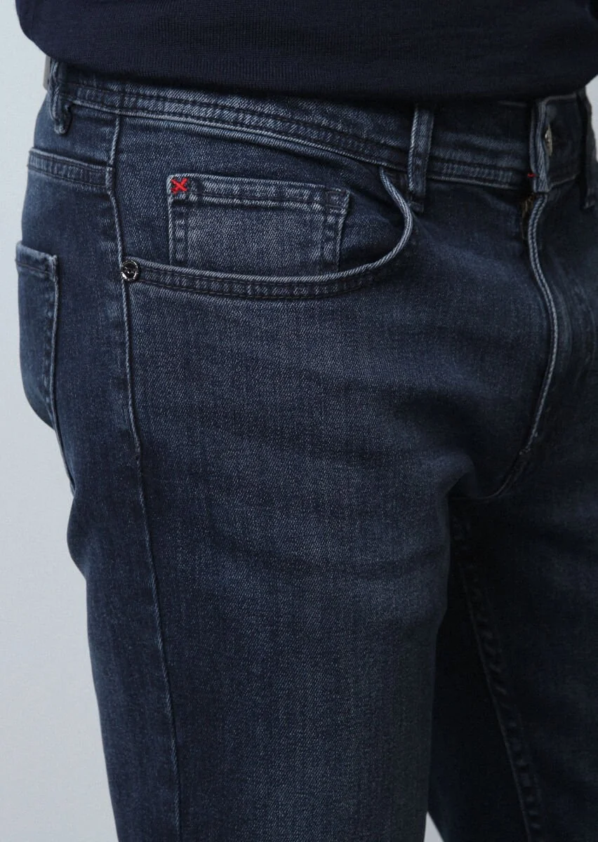Navy Blue Slim Fit Denim Cotton Blended Trousers - 3