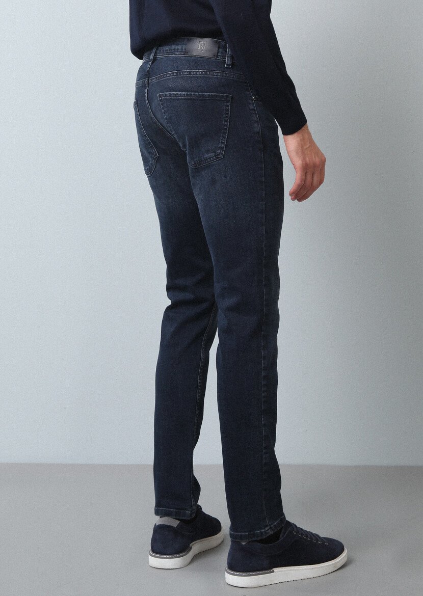 Navy Blue Slim Fit Denim Cotton Blended Trousers - 5
